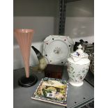 A lidded Coalport bone china vase decorated in the Pageant pattern together with other items.