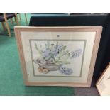 Jane Langlands: Framed and glazed still life watercolour; Hyacinths in bowl.