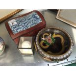 A Cloisonne circular bowl together with a hand painted egg and a Chinese pillow box with blue and