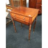 An early Victorian flame veneered mahogany needle work table fitted single drawer,