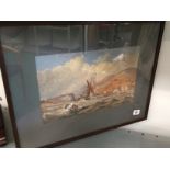 A framed and glazed watercolour: Ships in harbour, indistinctly signed to the lower left corner.