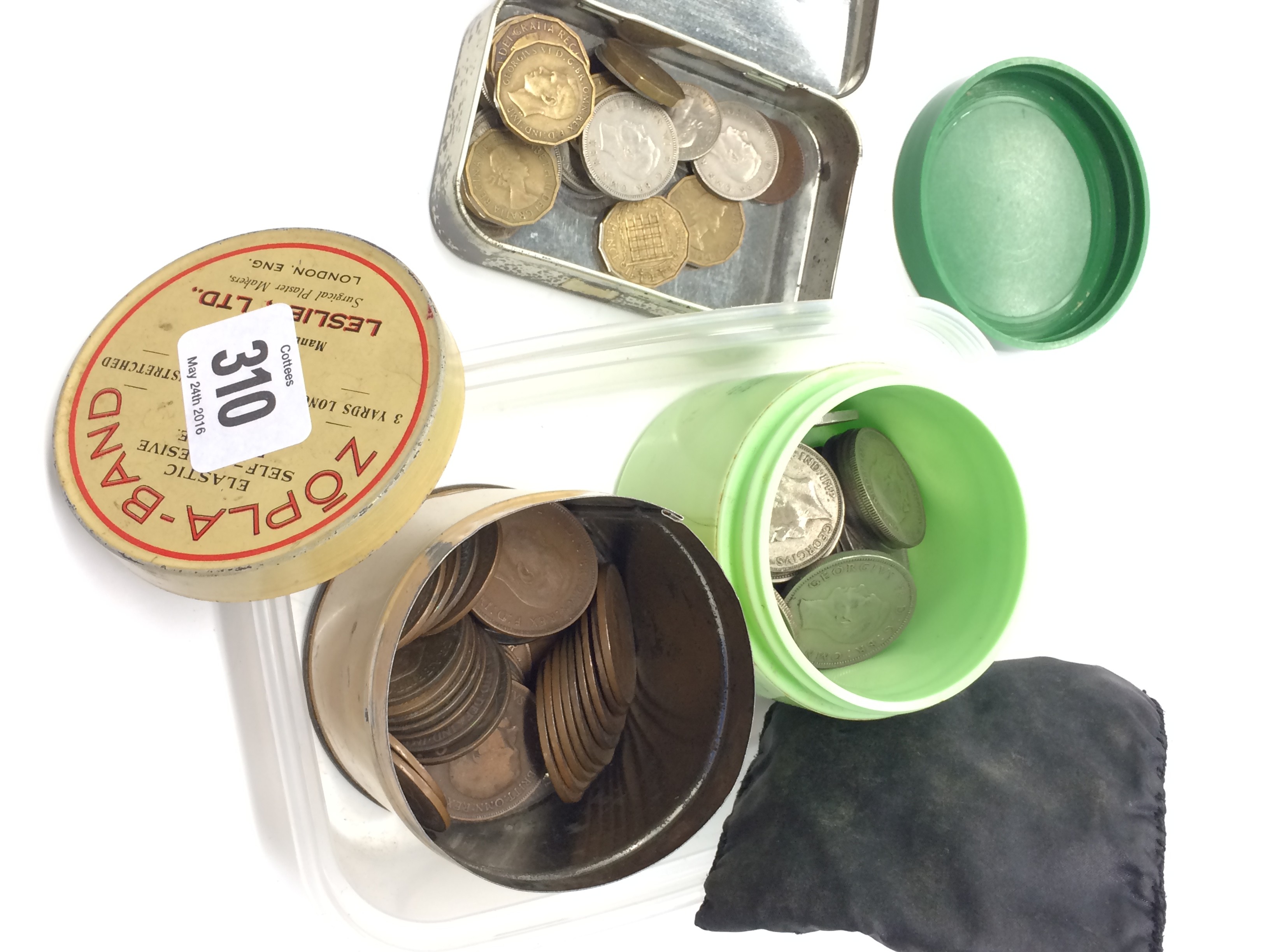 A tub containing various coins.