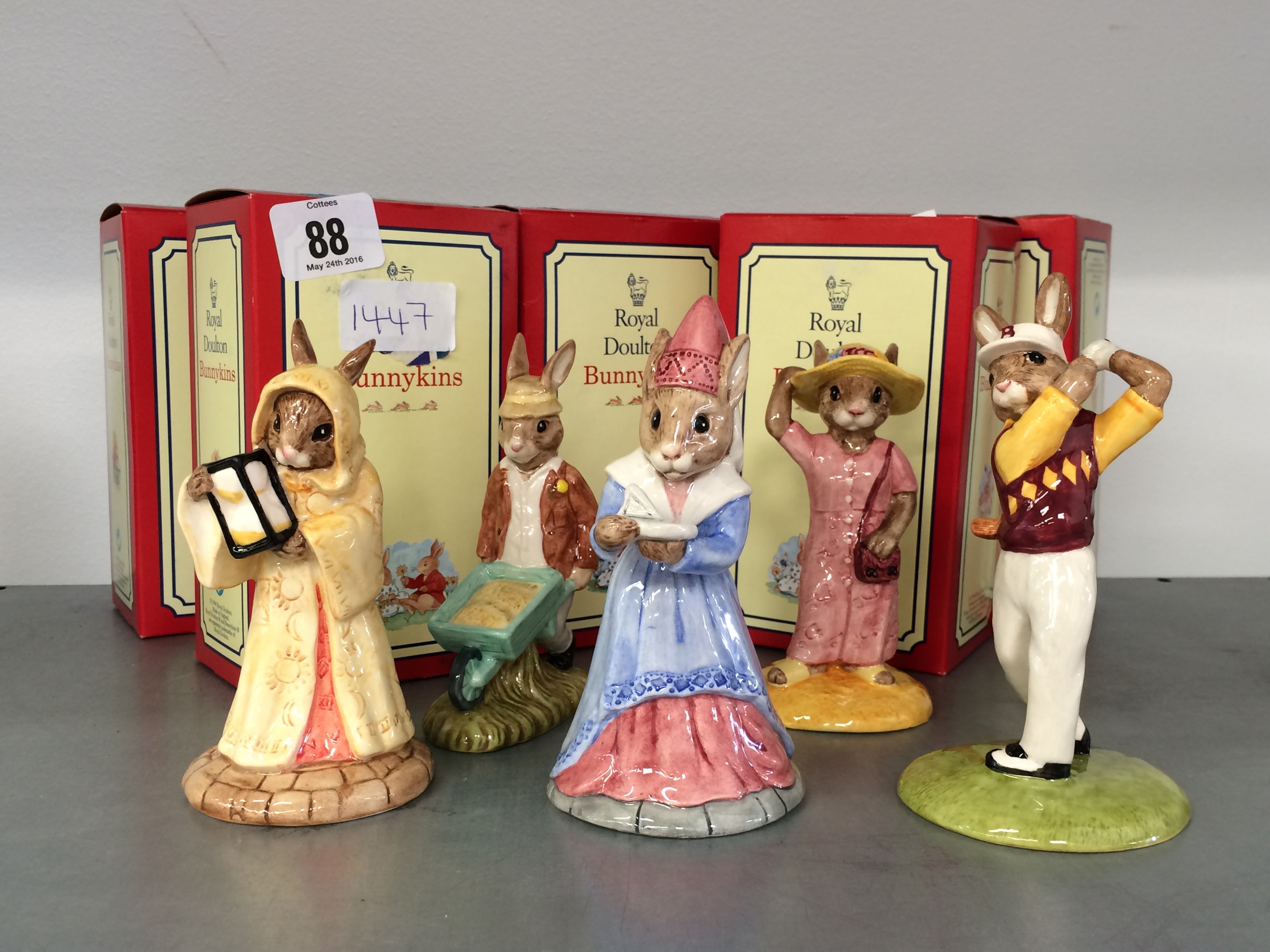 Five Royal Doulton Bunnykins china figures: Sand of time, Sundial, Gardener,