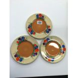 Three Clarice Cliff Royal Staffordshire Ceramics side plates, decorated in the Crocus pattern.