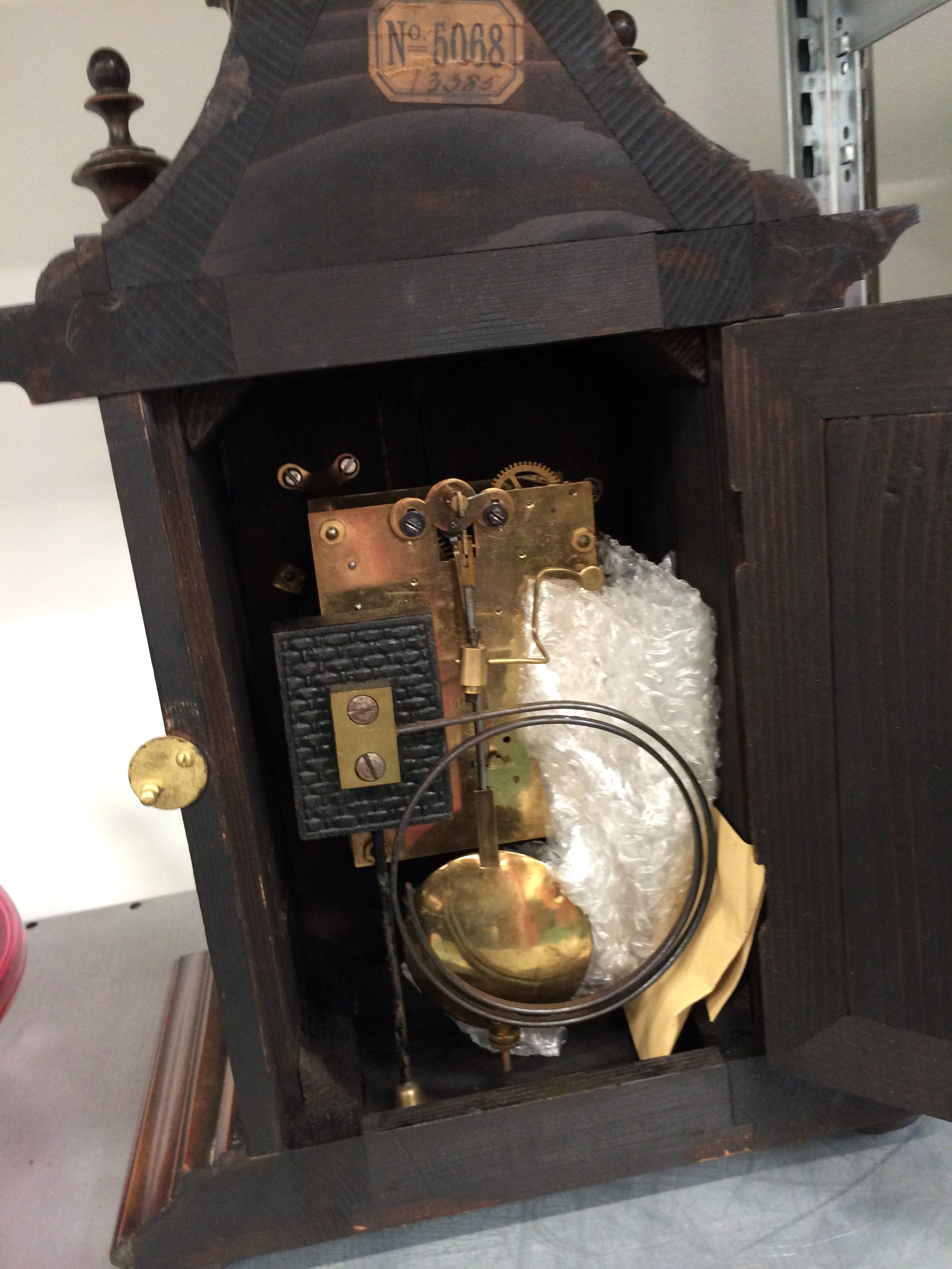 An oak cased Gothic style mantle clock with circular dial. - Image 2 of 2