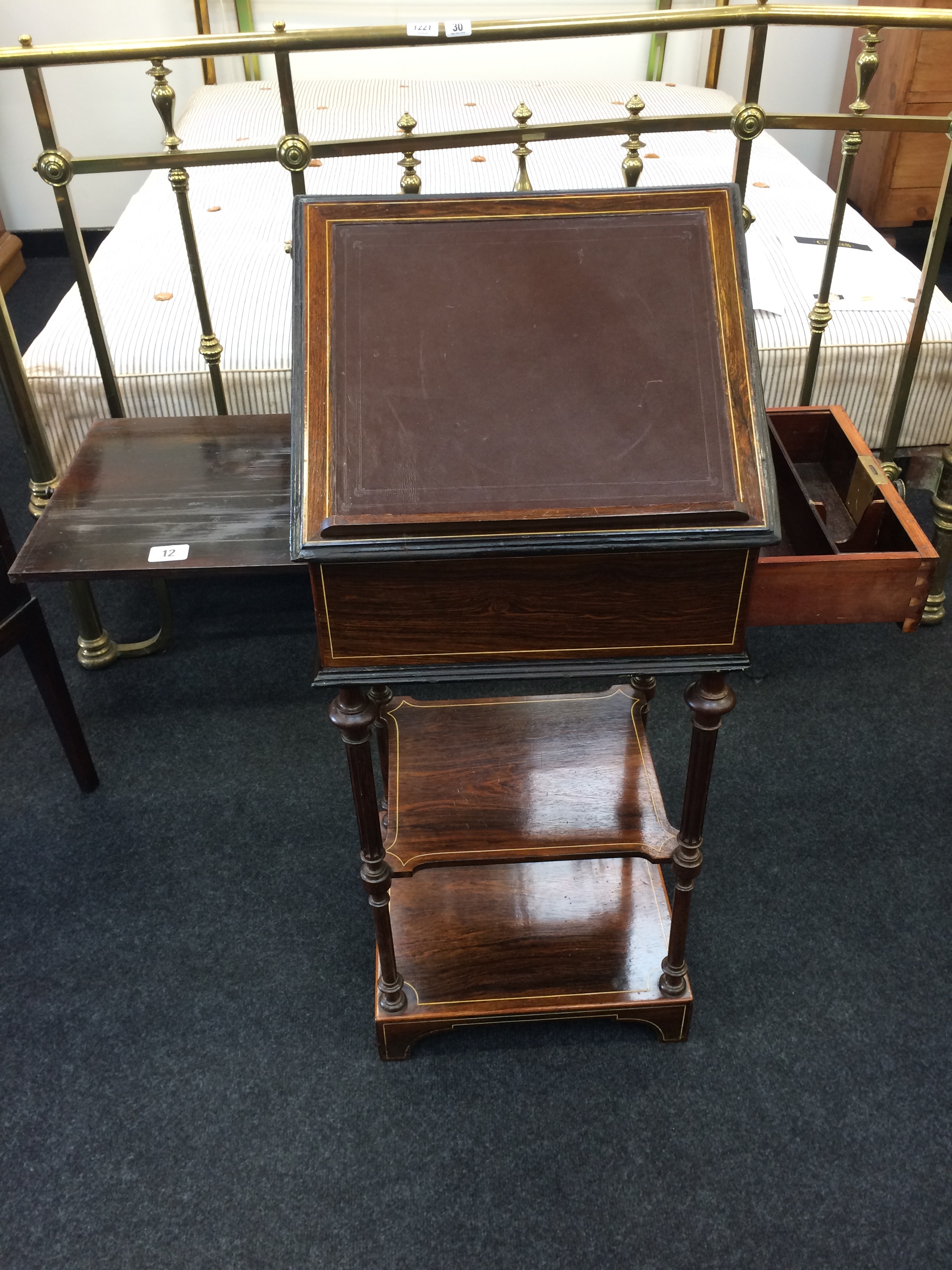 A Victorian rosewood and bone inlaid ladies writing table fitted with brush and slide single draw,