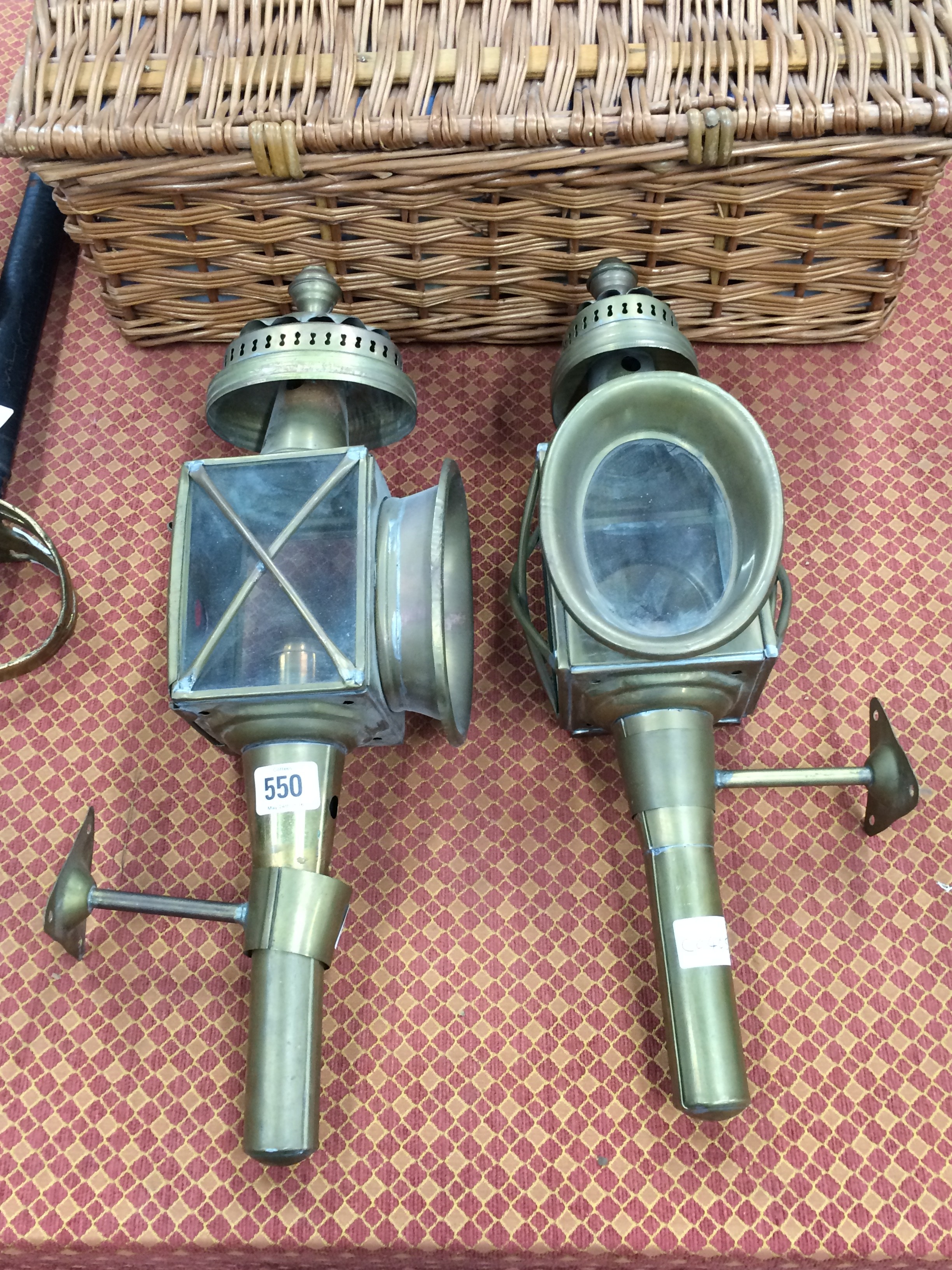 A pair of reproduction brass carriage lamps.
