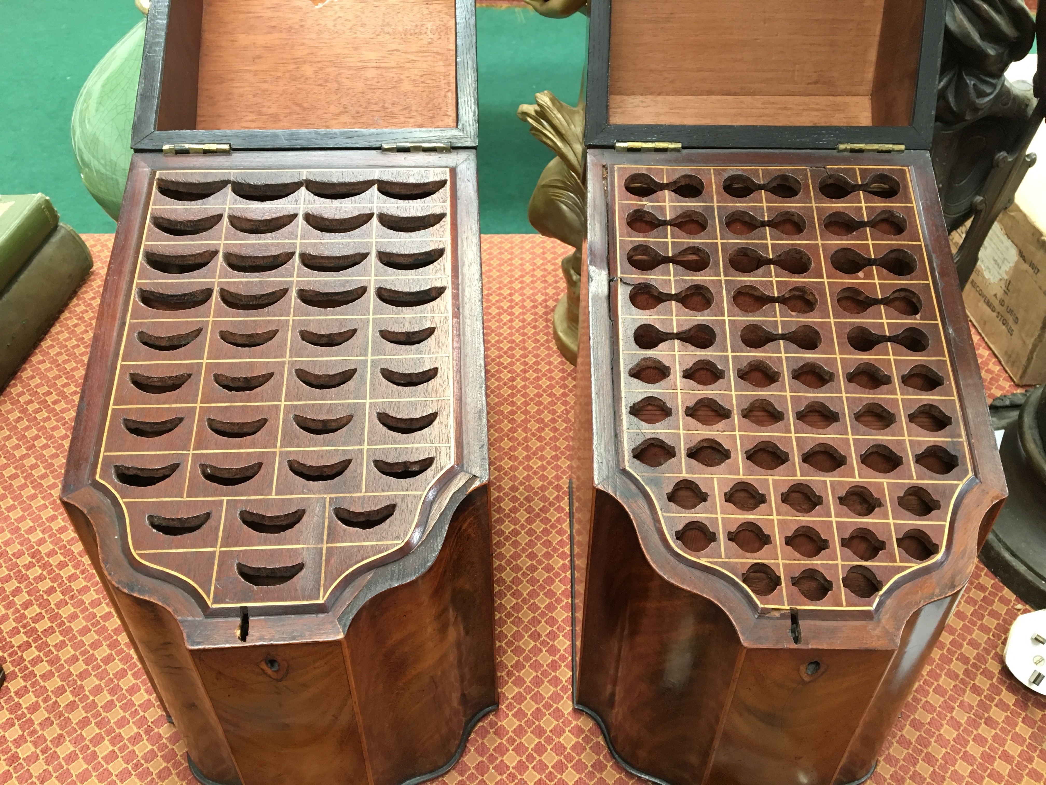 A pair of Cuban mahogany line inlaid Sheraton designed knife boxes of scalloped shape, - Image 2 of 2