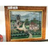 A maple framed Verre Eglomise picture depicting a Church and The New Inn.