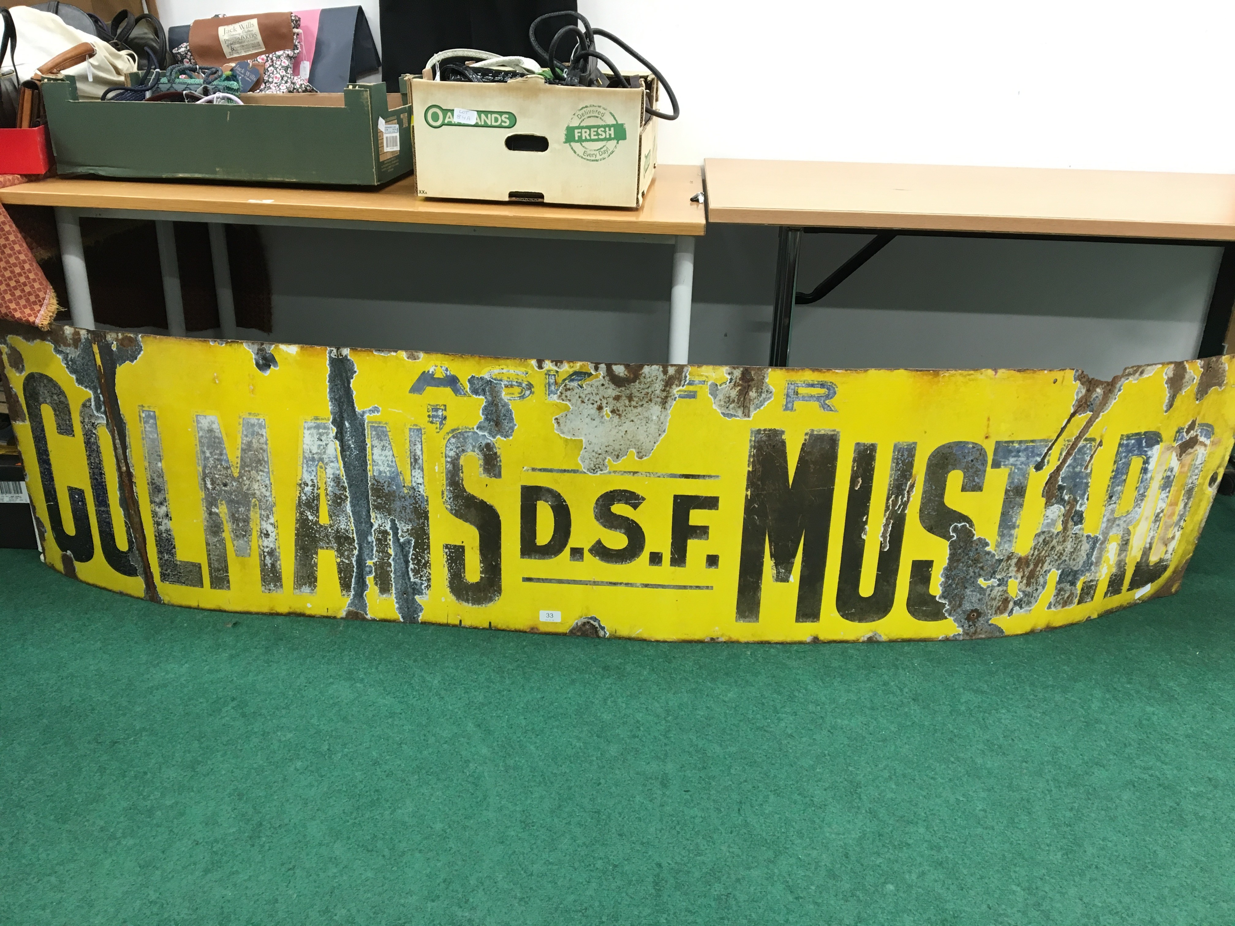 A large early 20th century enamel yellow painted metal advertising sign; Colmans D.F.S Mustard.