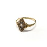 An 18ct yellow gold Diamond, Seed Pearl and Sapphire antique ring. Size S. Some damage to Pearls.
