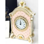 A Royal Crown Derby rectangular shaped mantle clock: The 250th collection, with circular white dial,