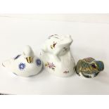 A Royal Crown Derby bone china paperweight: Fountain Frog, 2004, gold stopper, together with another