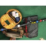 A large collection of fishing equipment to include a large split cane fishing rod by the Trossachs