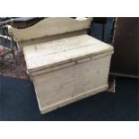 A 19th century large pine storage box with metal drop handles to sides.