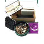 A box containing various costume jewellery items together with a early 20th century black beaded