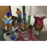 A Murano art glass bowl together with a Art Glass vase, two Murano Art Glass clowns and other