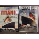 Two metal advertising signs for Cunard Line, 'Monarchs of the Sea' and 'White Star Line Titanic',