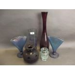 A Moser Studio glass vase of octagonal form, a pair of blue lustre fan shaped vases, and three