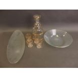 Two Studio glass Whirl pattern dishes, and a gilt decorated liqueur decanter with four glasses,