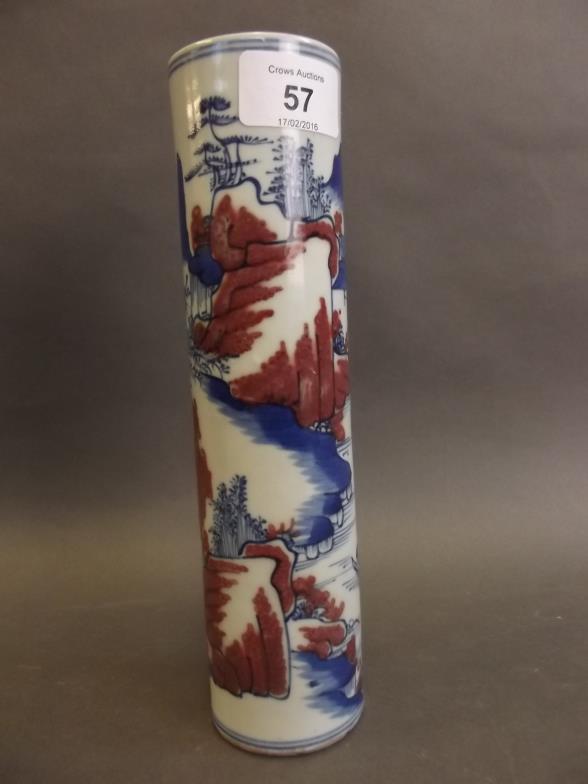 A Chinese porcelain cylindrical spill vase decorated with landscape scenes in blue and white with - Image 3 of 3