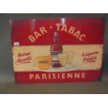 A large metal advertising sign 'Bar Tabac: Bieres & Pastis', 27½" x 19½"