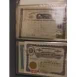 An album containing a collection of share certificates, mainly American, including 'Choctaw &