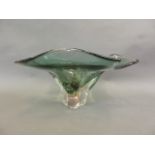 A green Studio glass pedestal fruit bowl shaped as a stylised three leaf clover, 13" diameter