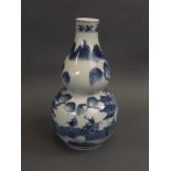 A Chinese blue and white double gourd porcelain vase with painted decoration of figures in a village