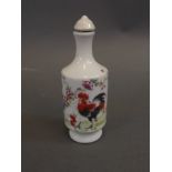 A Cantonese porcelain scent bottle with cockerel decoration, leaf mark to base, 3½" high