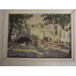 An oil on board, impressionist town scene with river, signed 'Shepard', 10½" x 7"