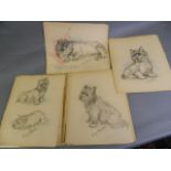 A sketch book containing four charcoal drawings highlighted in colour, portraits of dogs, all signed