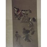 A Japanese woodcut print of five dancing women, 7½" x 15"
