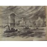 Wolfgang Lederer, lithograph, view of New York, Manhattan and the Brooklyn Bridge, signed with