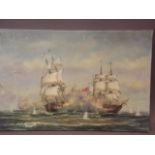 J. Harvey, oil on canvas, sea battle in the Napoleonic wars, 36" x 24"