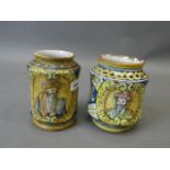 Two Arabello style Majolica jars with traditional decoration, 7" high