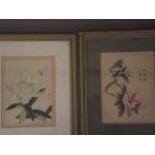 A pair of Chinese watercolours on silk, flowering branches, both signed with calligraphy and red
