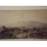 After Landseer, watercolour painting of red deer in a highland landscape, 28" x 17"