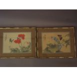 A pair of Chinese watercolours on silk, butterflies and blossom, both signed with calligraphy and