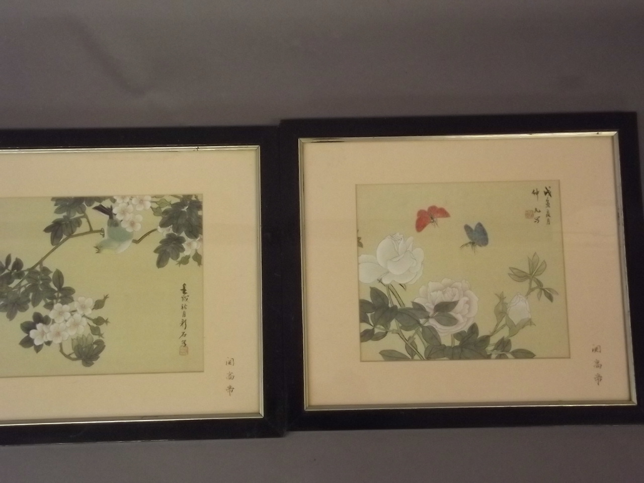 A pair of Chinese watercolours on silk, 'Butterflies & Chrysanthemums' and 'Bird in cherry blossom',