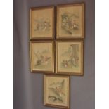 Five Chinese watercolour paintings on silk, 'Figures by a well', 'Travellers by a bridge', '