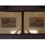 Two woodcut prints, 'Travellers on a bridge' and 'Procession through a village', both signed with