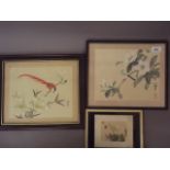Two Chinese watercolours on silk, birds on flowering branches, together with a small picture of a