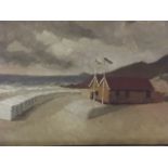 Brian Robb, oil on board, beach scene with a refreshments hut, signed and dated 1935, 12½" x 8"