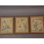 A set of three Chinese watercolours on silk, 'A traveller and flower seller on road' with verse, '