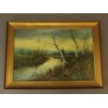 Arthur Claridge, oil on canvas, riverside landscape with a figure in a row boat, 30" x 20"