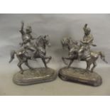 A pair of C19th spelter figures of knights on horseback, 13½" high (AF)