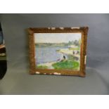 A Russian School oil on board, figures by a boating lake, indistinctly signed, 19½" x 16"