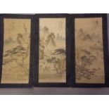 Three Chinese watercolours on silk, lake landscapes with figures boats and cranes, unframed, 5" x