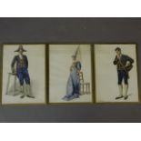 A collection of three watercolour costume designs, 11" x 15½"